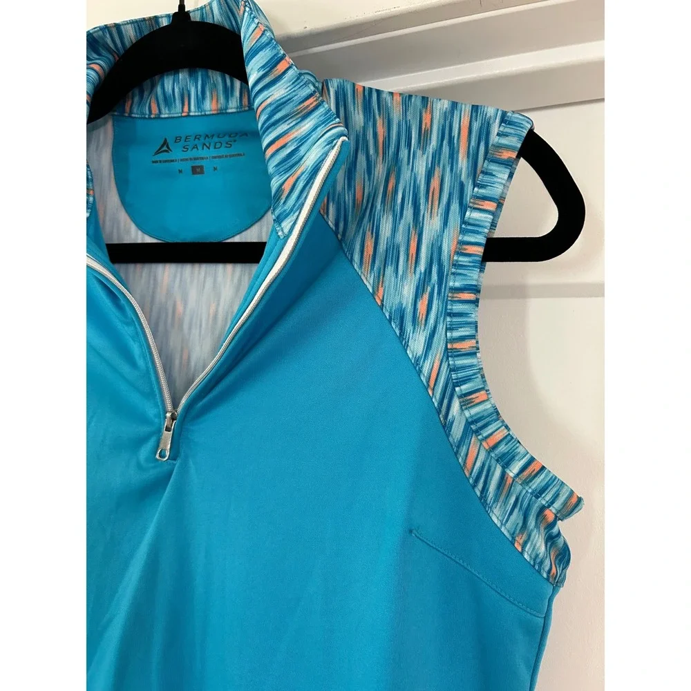 Bermuda Sands Womens Sleeveless Golf Polo Top Blue Ikat Print Quarter Zip Size M - Picture 9 of 9